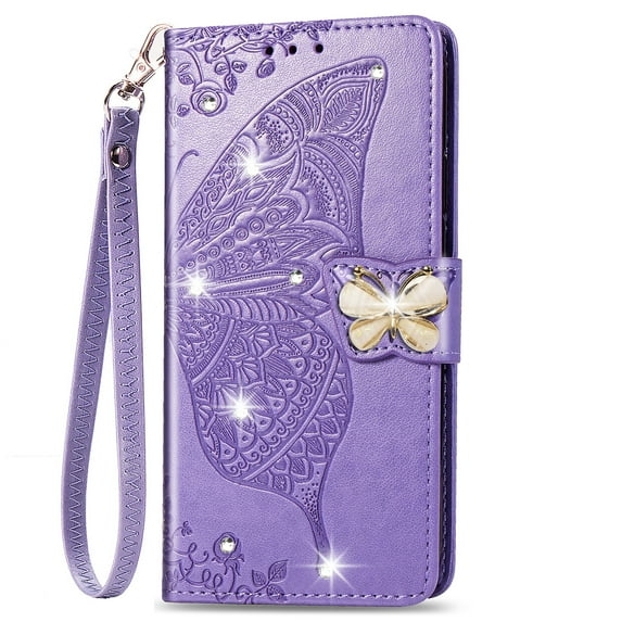 Allytechgroup Wallet Case for Samsung Galaxy S25 Ultra, Bling Sparkly Diamond PU Leather Phone Case with Credit Card Slot Wirst Strap Support Wireless Charging Shockproof Bumper, Lightpurple