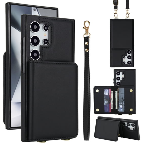 Allytechgroup Wallet Case for Samsung Galaxy S25 Ultra, Built-in Card Holder & Shoulder Strap & Wrist Strap Slim Shockproof Protective Full Body Cover Bumper for Samsung Galaxy S25 Ultra, Black
