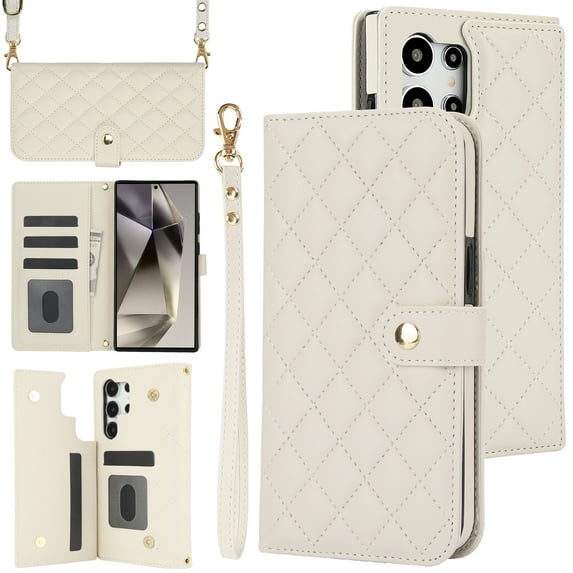 Allytechgroup Wallet Case for Samsung Galaxy S25 Ultra with Credit Card Slot, RFID Blocking PU Leather Case with Lanyard & Shoulder Strap & Kickstand Shockproof Bumper for Women Men, White