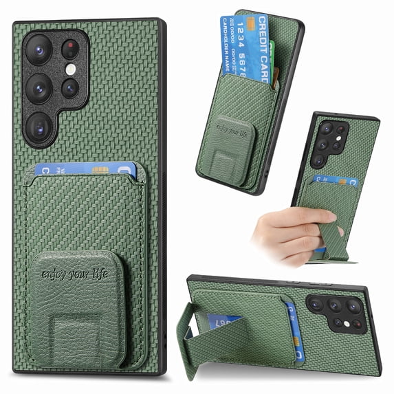Allytechgroup Wallet Case for Samsung Galaxy S25 Ultra, Premium PU Leather Carbon Fiber Texture Back Cover with Cards Holder Kickstand Phone Case for Women Men, Green