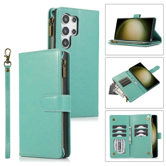 Allytechgroup Wallet Case for Samsung Galaxy S25 Ultra, Zipper Clutch Phone Case with Card Slots, Cash Pocket, Wrist Strap, Kickstand Stand Function, Magnetic Closure Flip Cover,Green