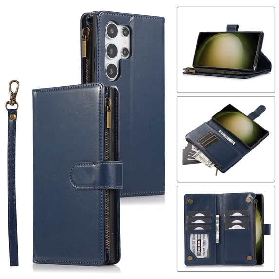 Allytechgroup Wallet Case for Samsung Galaxy S25 Ultra, Zipper Clutch Phone Case with Card Slots, Cash Pocket, Wrist Strap, Kickstand Stand Function, Magnetic Closure Flip Cover,Blue