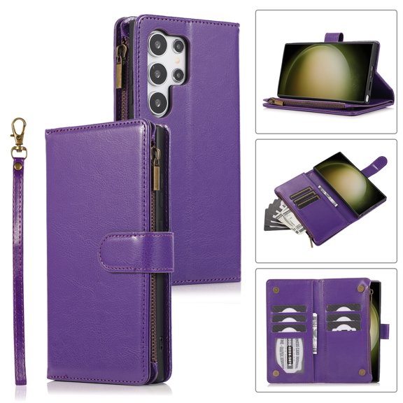 Allytechgroup Wallet Case for Samsung Galaxy S25 Ultra, Zipper Clutch Phone Case with Card Slots, Cash Pocket, Wrist Strap, Kickstand Stand Function, Magnetic Closure Flip Cover,Purple