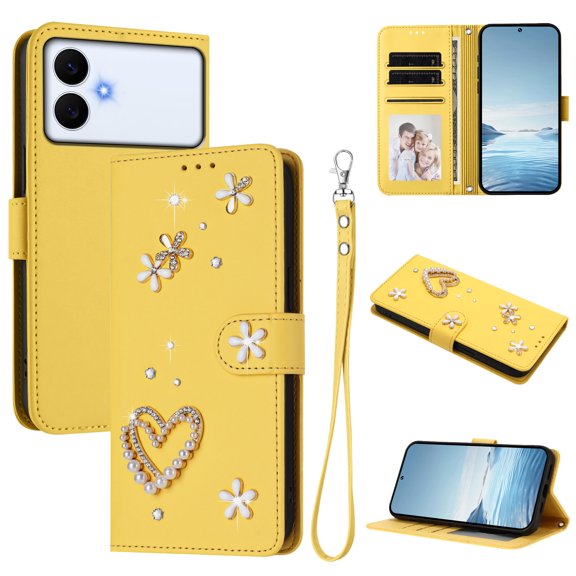 Allytechgroup Wallet Case for Samsung Galaxy S26 Edge with Wrist Strap, Slim Fit PU Leather Rugged with Card Holder RFID Blocking Shockproof Protective Back Cover for Women Girls, Yellow