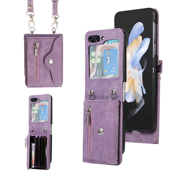 Allytechgroup Wallet Case for Samsung Galaxy Z Flip 3, RFID Blocking Zipper Pocket Cards Slots Detachable Crossbody Shoulder Strap Shockproof Anti-Scratch Phone Case for Girls Women, Purple