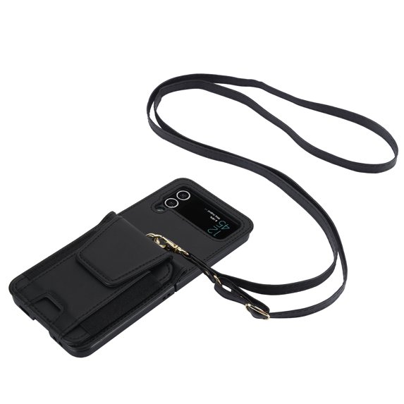 Allytechgroup Wallet Case for Samsung Galaxy Z Flip 4, with Crossbody Shoulder Strap Bumper Shockproof Cards Holder RFID Blocking Slim Phone Case for Galaxy Z Flip4, Black