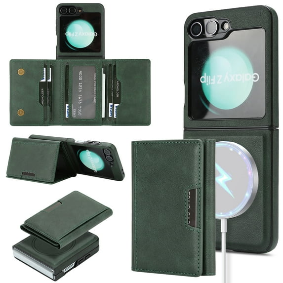 Allytechgroup Wallet Case for Samsung Galaxy Z Flip 4 with Detachable Cards Holder, Compatible with Mag-safe PU Leather Stand Shell Shockproof Protective Magentic Back Cover for Women Men, Green