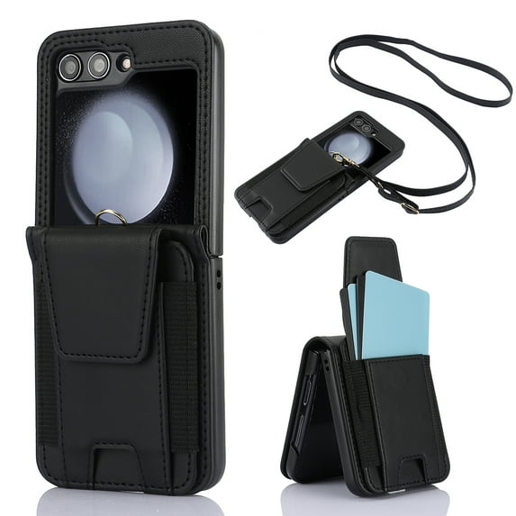 Allytechgroup Wallet Case for Samsung Galaxy Z Flip 6, with Crossbody Shoulder Strap Bumper Shockproof Cards Holder RFID Blocking Slim Phone Case for Galaxy Z Flip6, Black