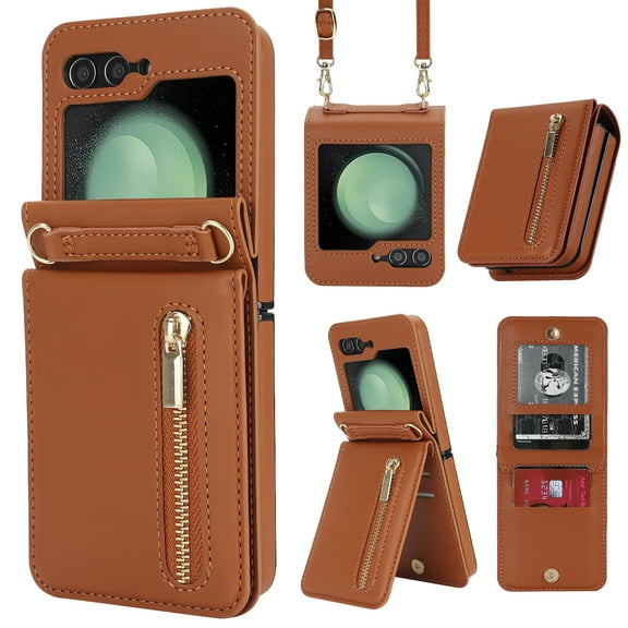 Allytechgroup Wallet Case for Samsung Galaxy Z Flip 6 with Crossbody Strap, Premium PU Leather Zipper Pocket Shockproof Cards Holder Phone Case for Women Girls, Brown