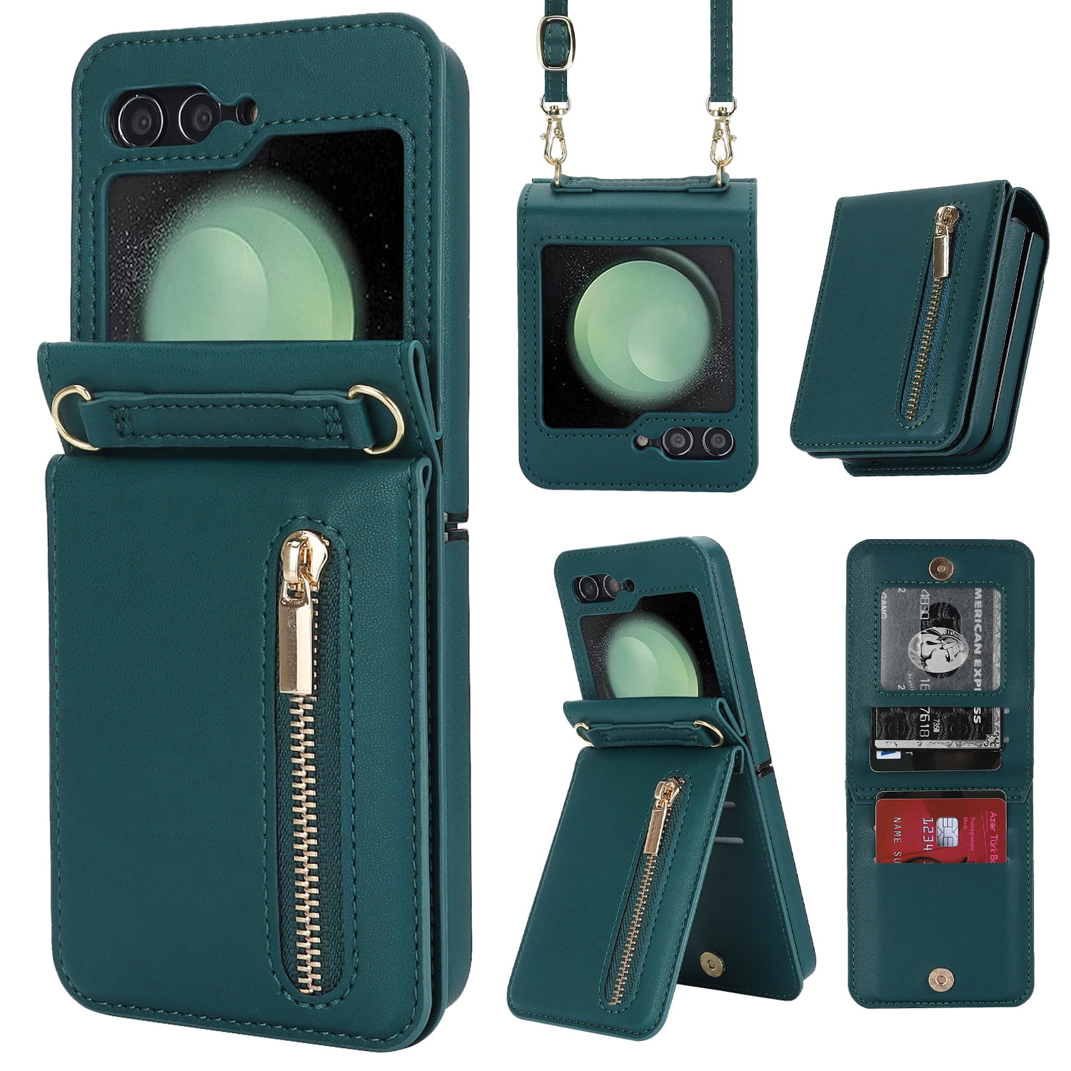 Allytechgroup Wallet Case for Samsung Galaxy Z Flip 6 with Crossbody Strap, Premium PU Leather Zipper Pocket Shockproof Cards Holder Phone Case for Women Girls, Darkgreen