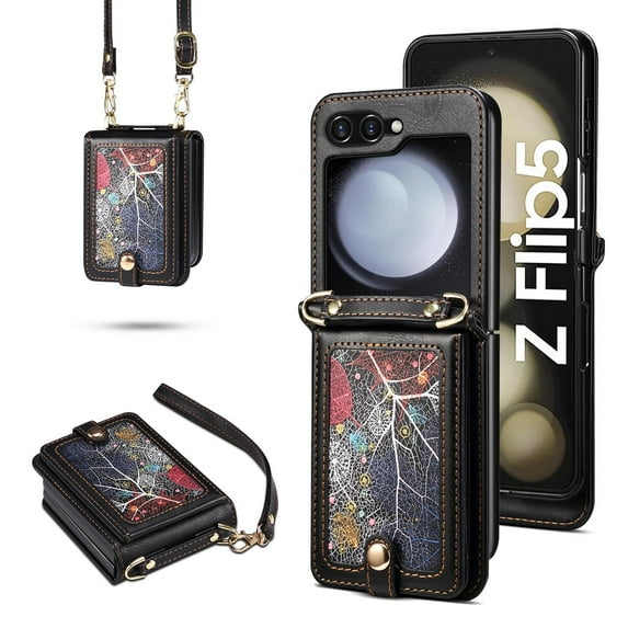 Allytechgroup Wallet Case for Samsung Galaxy Z Flip 6, Mini Case Bag with Shoulder Strap Hand Wrist Cards Holder RFID Blocking Shockproof Bumper Phone Case for Galaxy Z Flip 6, Black