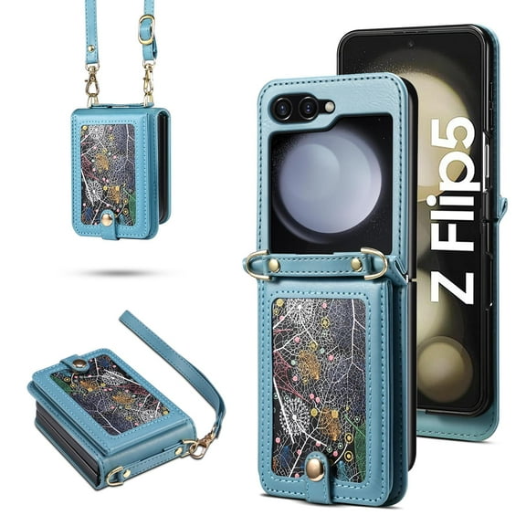 Allytechgroup Wallet Case for Samsung Galaxy Z Flip 6, Mini Case Bag with Shoulder Strap Hand Wrist Cards Holder RFID Blocking Shockproof Bumper Phone Case for Galaxy Z Flip 6, Blue