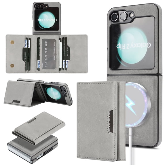 Allytechgroup Wallet Case for Samsung Galaxy Z Flip 7 with Detachable Cards Holder, Compatible with Mag-safe PU Leather Stand Shell Shockproof Protective Magentic Back Cover for Women Men, Gray