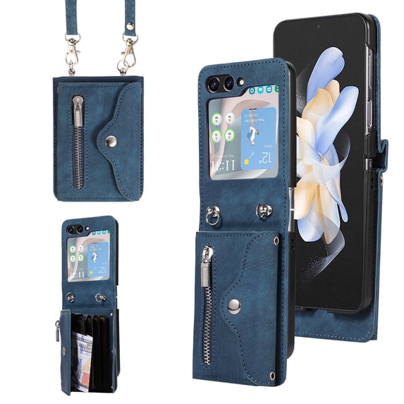 Allytechgroup Wallet Case for Samsung Galaxy Z Flip 7, RFID Blocking Zipper Pocket Cards Slots Detachable Crossbody Shoulder Strap Shockproof Anti-Scratch Phone Case for Girls Women, Blue