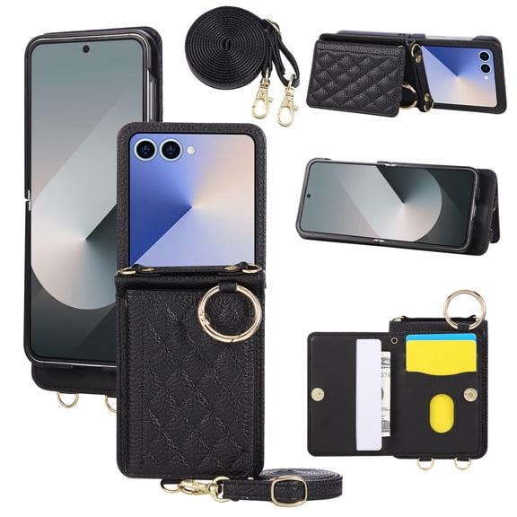 Allytechgroup Wallet Case for Samsung Galaxy  Z Flip 7 FE /Z Flip 6 with Shoulder Strap/ Card Slot/ Cash Pocket/Metal Ring Holder Kickstand Magnetic Closure PU Leather Shockproof Stand Cover, Black