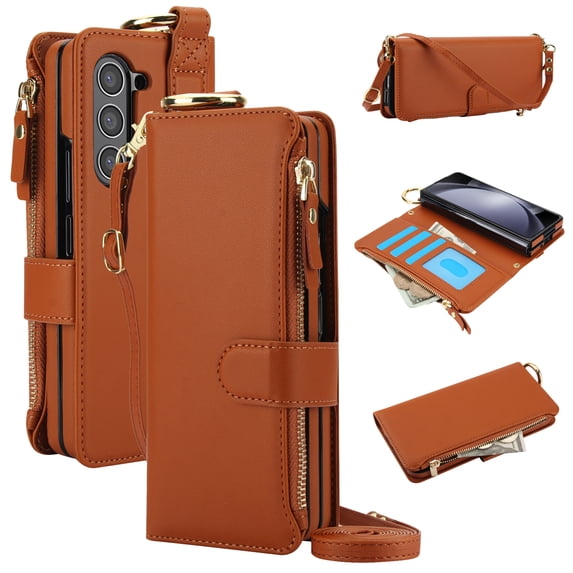 Allytechgroup Wallet Case for Samsung Galaxy Z Fold 6, RFID Blocking Multiple Cards Holder Zipper Pocket Hand Strap Shockproof Stand Phone Case with Crossbody Lanyard for Women Girls, Brown