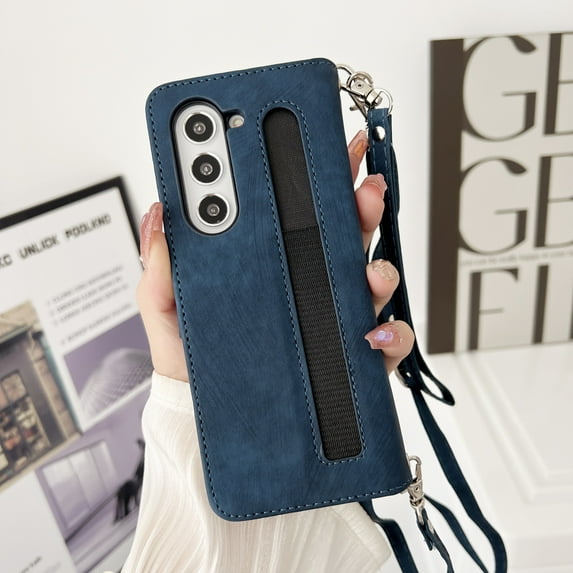 Allytechgroup Wallet Case for Samsung Galaxy Z Fold 7, Built-in Shoulder Strap & Wrist Strap & Card Holder PU Leather Phone Shell Non-Slip Shockproof Full Body Cover for Galaxy Z Fold 7, Blue