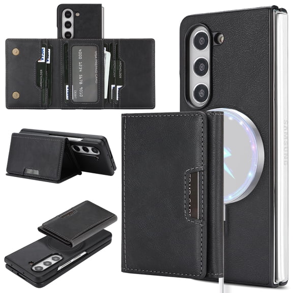 Allytechgroup Wallet Case for Samsung Galaxy Z Fold 7 with Detachable Cards Holder, Compatible with Mag-safe PU Leather Stand Shell Shockproof Protective Magentic Back Cover for Women Men, Black