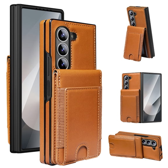 Allytechgroup Wallet Case for Samsung Galaxy Z Fold 7 with Tempered Glass Screen Protector, RFID Blocking PU Leather Phone Shell with Credit Card Slot Shockproof Protective Full Body Cover, Brown