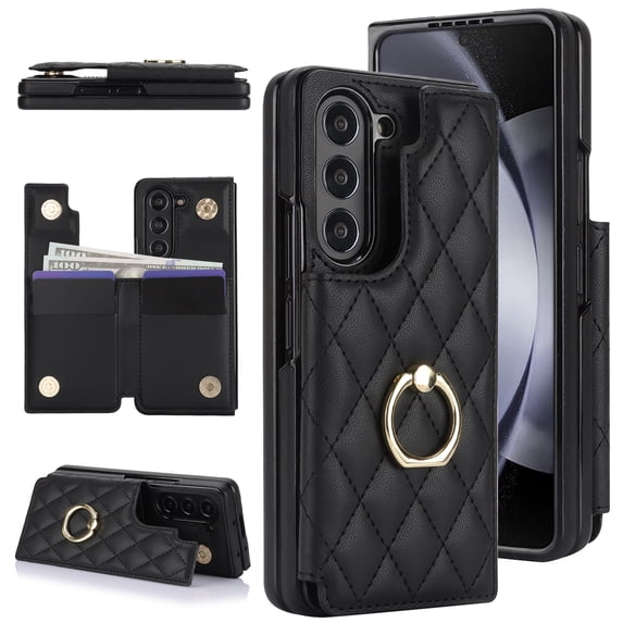 Allytechgroup Wallet Case for Samsung Galaxy Z Fold4 5G, RFID Blocking Cards Holder Ring Holder Kickstand Bumper Shockproof Anti-Scratch Phone Case Cover for Galaxy Z Fold 4, Black