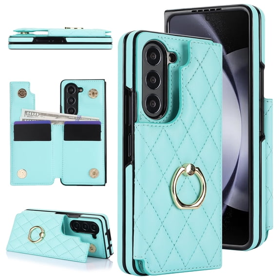 Allytechgroup Wallet Case for Samsung Galaxy Z Fold6 5G, RFID Blocking Cards Holder Ring Holder Kickstand Bumper Shockproof Anti-Scratch Phone Case Cover for Galaxy Z Fold 6, Green