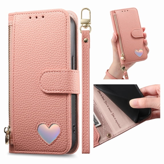 Allytechgroup Wallet Case for Samsung Galaxy S23 Flip Case with Lanyard Card Slots & Zipper Pocket Shock Absorption Protective, Pink
