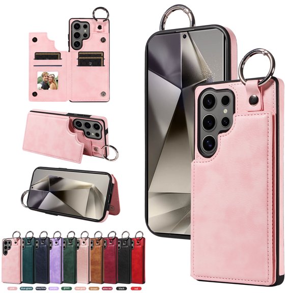 Allytechgroup Wallet Case forSamsung Galaxy S25 Ultra, Retro PU Leather Cards Slots Photo Pocket Stand Protective Anti-Scratch Ring Holder Lightweight Phone Cover for Women Men, Pink