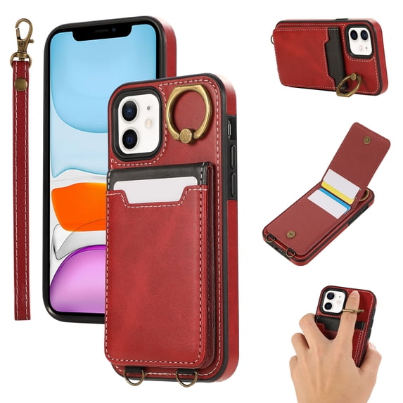 Allytechgroup Wallet Case for iPhone 11 with Credit Card Slot, RFID Blocking PU Leather Flip Case with Lanyard & Kickstand Shockproof and Anti-Scratch Bumper for Women Girls, Red