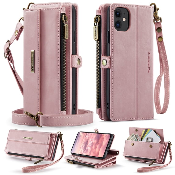 Allytechgroup Wallet Case for iPhone 11 with Credit Card Slot, RFID Blocking PU Leather Flip Case with Shoulder Strap Wrist Strap Compatible with MagSafe Shockproof Full Body Cover, Pink