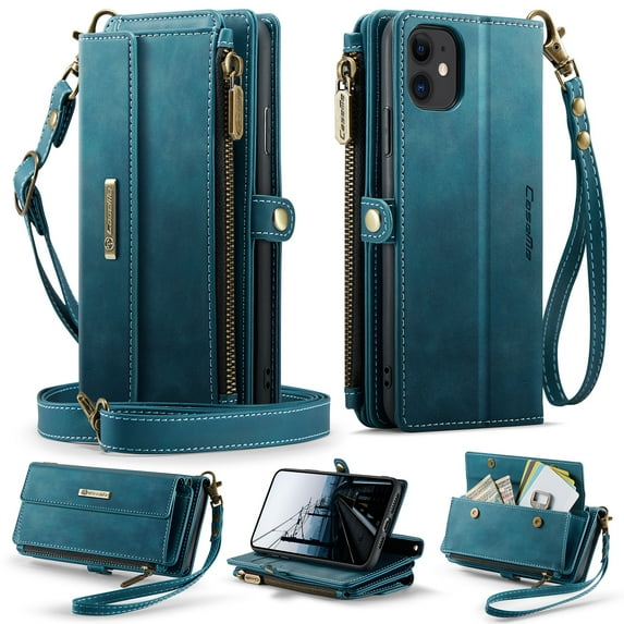 Allytechgroup Wallet Case for iPhone 11 with Credit Card Slot, RFID Blocking PU Leather Flip Case with Shoulder Strap Wrist Strap Compatible with MagSafe Shockproof Full Body Cover, Green