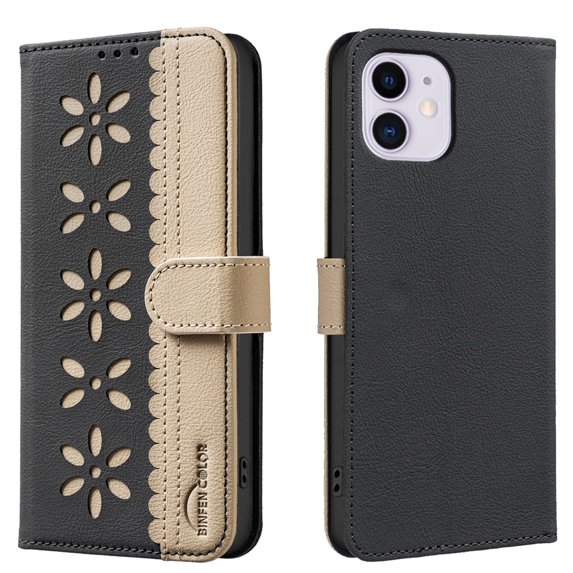 Allytechgroup Shockproof Floral Cutout PU Leather Wallet Case Back Cover Cell Phone Case for Apple iPhone 11, Black