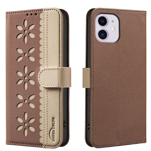 Allytechgroup Wallet Case for iPhone 11, PU Leather Case with Credit Card Slot Magnetic Closure Floral Cutout Shockproof Protective Back Cover for iPhone 11, Brown