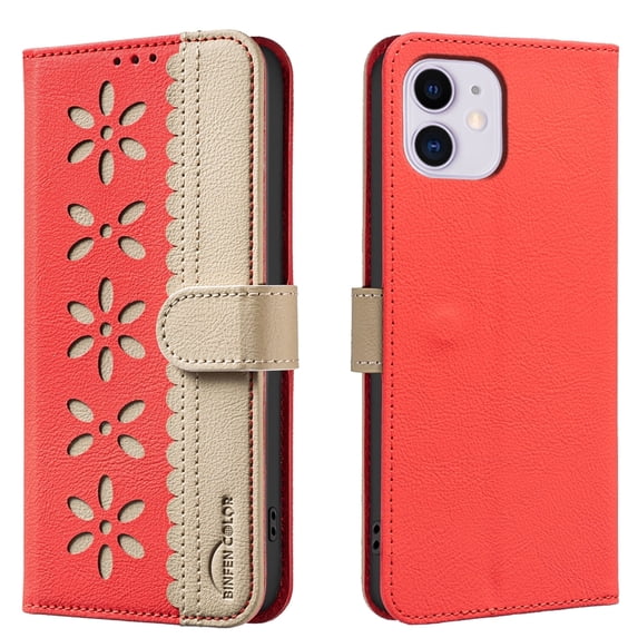 Allytechgroup Credit Card Slot Floral Cutout PU Leather Wallet Case Back Cover Cell Phone Case for Apple iPhone 11, Red