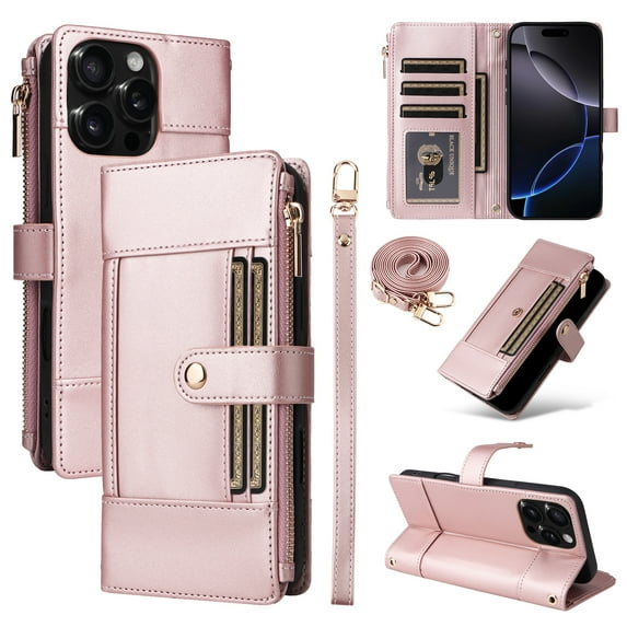 Allytechgroup Wallet Case for iPhone 11 Pro with Card Holder, Built-in Shoulder Strap Wrist Strap PU Leather Slim Stand Phone Case Shockproof Protective Back Cover for Women Girls, Rosegold