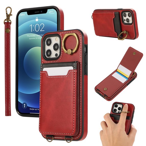 Allytechgroup Wallet Case for iPhone 11 Pro with Credit Card Slot, RFID Blocking PU Leather Flip Case with Lanyard & Kickstand Shockproof and Anti-Scratch Bumper for Women Girls, Red
