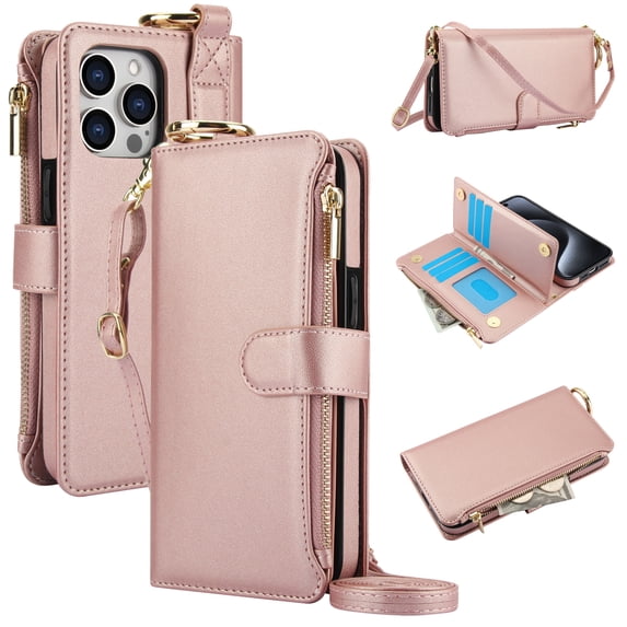 Allytechgroup Wallet Case for iPhone 11 Pro Max, RFID Blocking Multiple Cards Holder Zipper Pocket Hand Strap Shockproof Stand Phone Case with Crossbody Lanyard for Women Girls, Rosegold