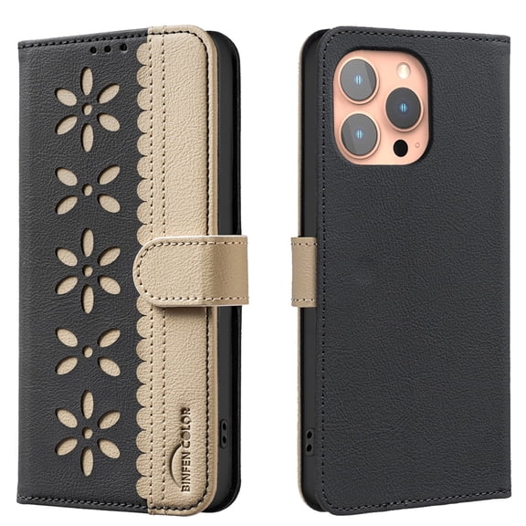 Allytechgroup Credit Card Slot Magnetic Closure Shockproof Floral Cutout Leather Wallet Cell Phone Case for Apple iPhone 11 Pro, Black