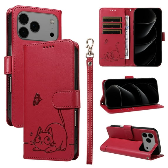 Allytechgroup Wallet Case for iPhone 12 Pro / 12 6.1", Built-in Wrist Strap & Card Pocket & Cash Slot PU Leather Stand Phone Shell Shockproof Protective Full Body Cover for Women Girls, Red