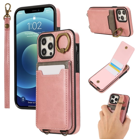 Allytechgroup Wallet Case for iPhone 12 Pro / 12 6.1" with Credit Card Slot, RFID Blocking PU Leather Flip Case with Lanyard & Kickstand Shockproof and Anti-Scratch Bumper for Women Girls, Pink