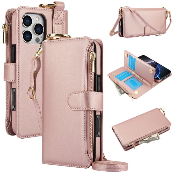 Allytechgroup Wallet Case for iPhone 12 Pro / 12 6.1", RFID Blocking Multiple Cards Holder Zipper Pocket Hand Strap Shockproof Stand Phone Case with Crossbody Lanyard for Women Girls, Rosegold