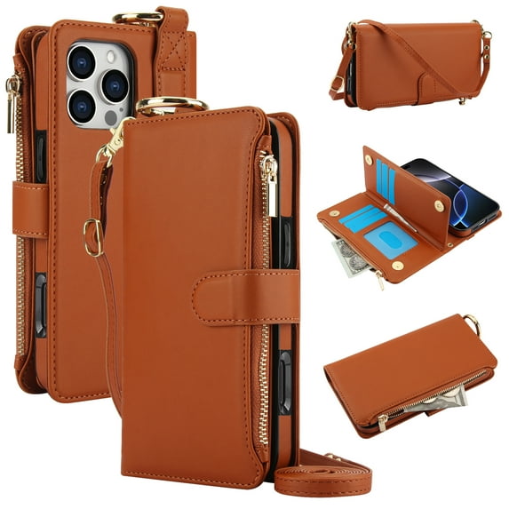 Allytechgroup Wallet Case for iPhone 12 Pro / 12 6.1", RFID Blocking Multiple Cards Holder Zipper Pocket Hand Strap Shockproof Stand Phone Case with Crossbody Lanyard for Women Girls, Brown