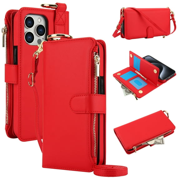 Allytechgroup Wallet Case for iPhone 12 Pro Max, RFID Blocking Multiple Cards Holder Zipper Pocket Hand Strap Shockproof Stand Phone Case with Crossbody Lanyard for Women Girls, Red