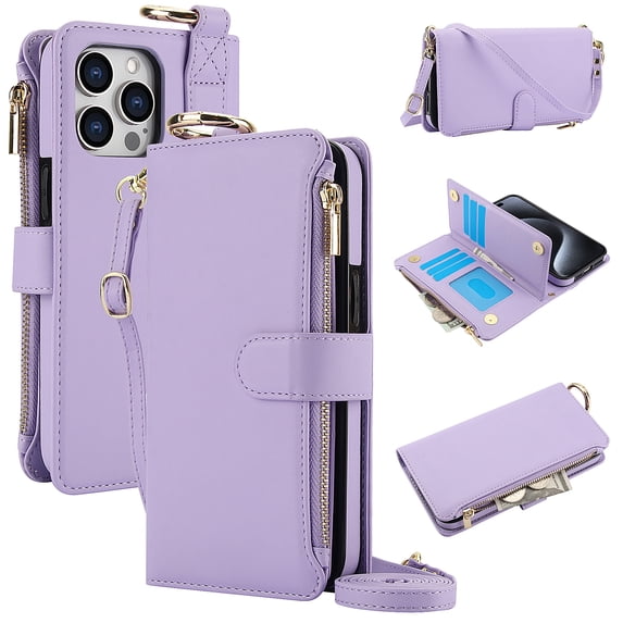 Allytechgroup Wallet Case for iPhone 12 Pro Max, RFID Blocking Multiple Cards Holder Zipper Pocket Hand Strap Shockproof Stand Phone Case with Crossbody Lanyard for Women Girls, Violet
