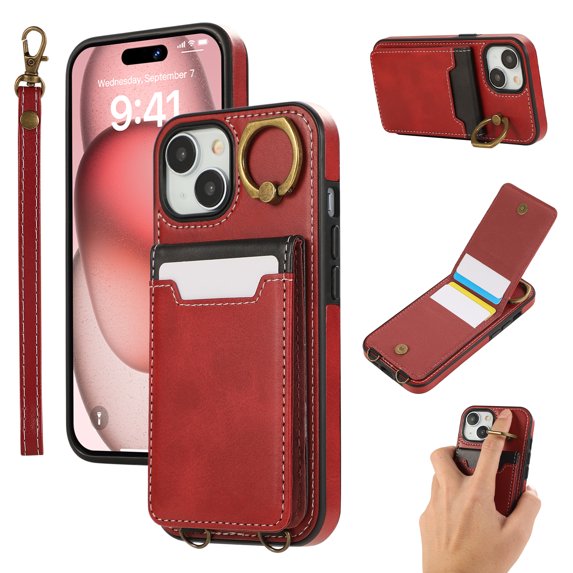Allytechgroup Wallet Case for iPhone 13 with Credit Card Slot, RFID Blocking PU Leather Flip Case with Lanyard & Kickstand Shockproof and Anti-Scratch Bumper for Women Girls, Red