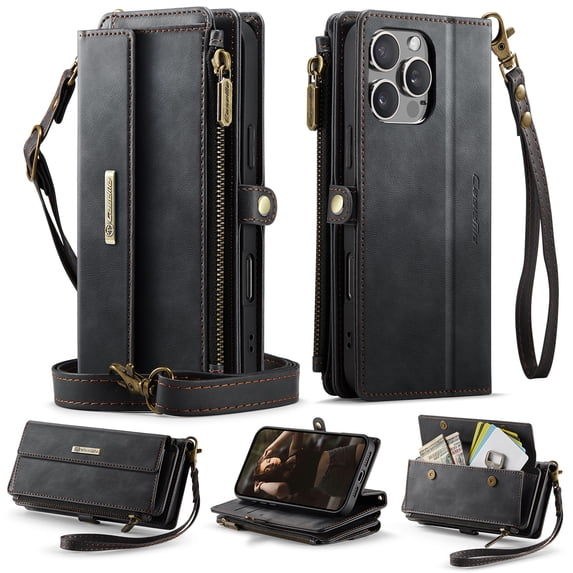 Allytechgroup Wallet Case for iPhone 13 Pro Max with Credit Card Slot, RFID Blocking PU Leather Flip Case with Shoulder Strap Wrist Strap Compatible with MagSafe Shockproof Full Body Cover, Black