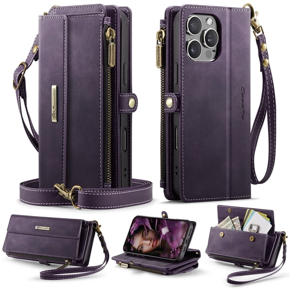Allytechgroup Wallet Case for iPhone 13 Pro Max with Credit Card Slot, RFID Blocking PU Leather Flip Case with Shoulder Strap Wrist Strap Compatible with MagSafe Shockproof Full Body Cover, Purple