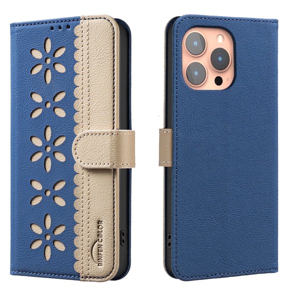Allytechgroup Wallet Case for iPhone 13 Pro, PU Leather Case with Credit Card Slot Magnetic Closure Floral Cutout Shockproof Protective Back Cover for iPhone 13 Pro, Darkblue