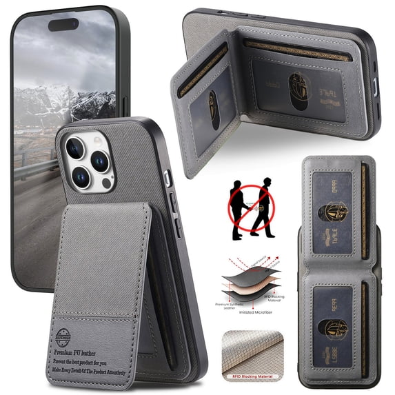 Allytechgroup Wallet Case for iPhone 14 with Credit Card Slot, RFID Blocking PU Leather Slim Stand Shell Magnetic Closure Shockproof Protective Back Cover Bumper for iPhone 14, Gray