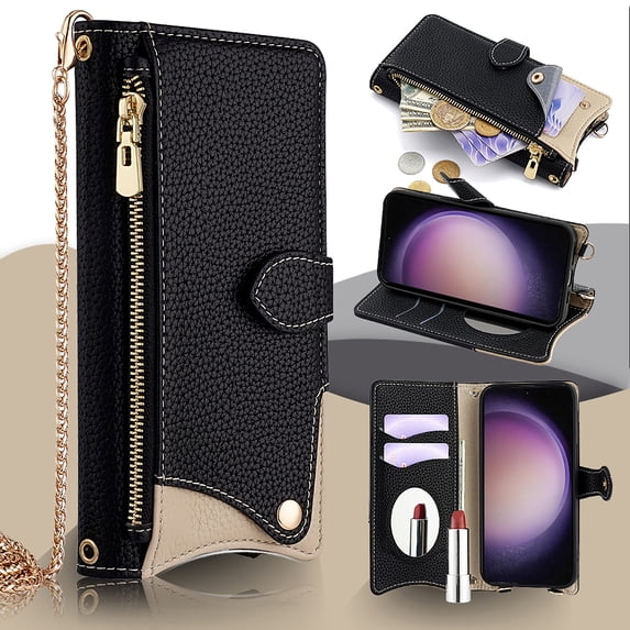 Allytechgroup Wallet Case for iPhone 14 with Makeup Mirror, Detachable Metal Shoulder Strap Cards Slots Zipper Pocket Shockproof Protective Phone Case for iPhone 14, Black