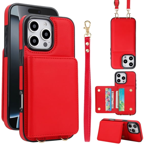 Allytechgroup Wallet Case for iPhone 14 Plus, Built-in Card Holder & Shoulder Strap & Wrist Strap Slim Shockproof Protective Full Body Cover Bumper for iPhone 14 Plus, Red